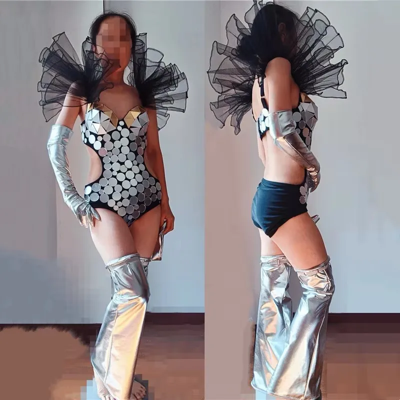 Damski seksowny srebrny kombinezon bikini z efektem lustra, kostium sceniczny do tańca dla piosenkarki, tancerki, na imprezę w barze, klubie nocnym, na pokaz.