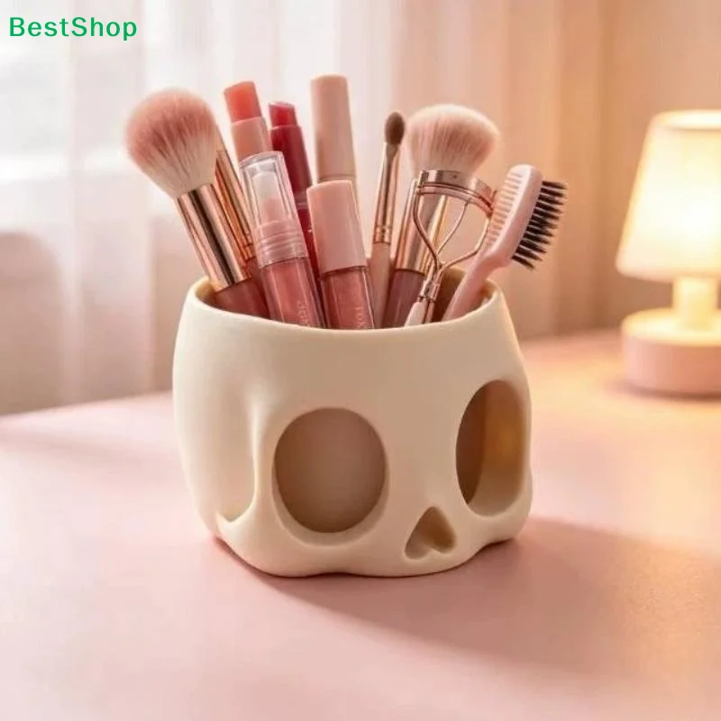 〔Q〕Retro Art Skull Shaped Pen Pencil Holder Home Office Desk Makeup Supplies Office Organizer Accessory Prop