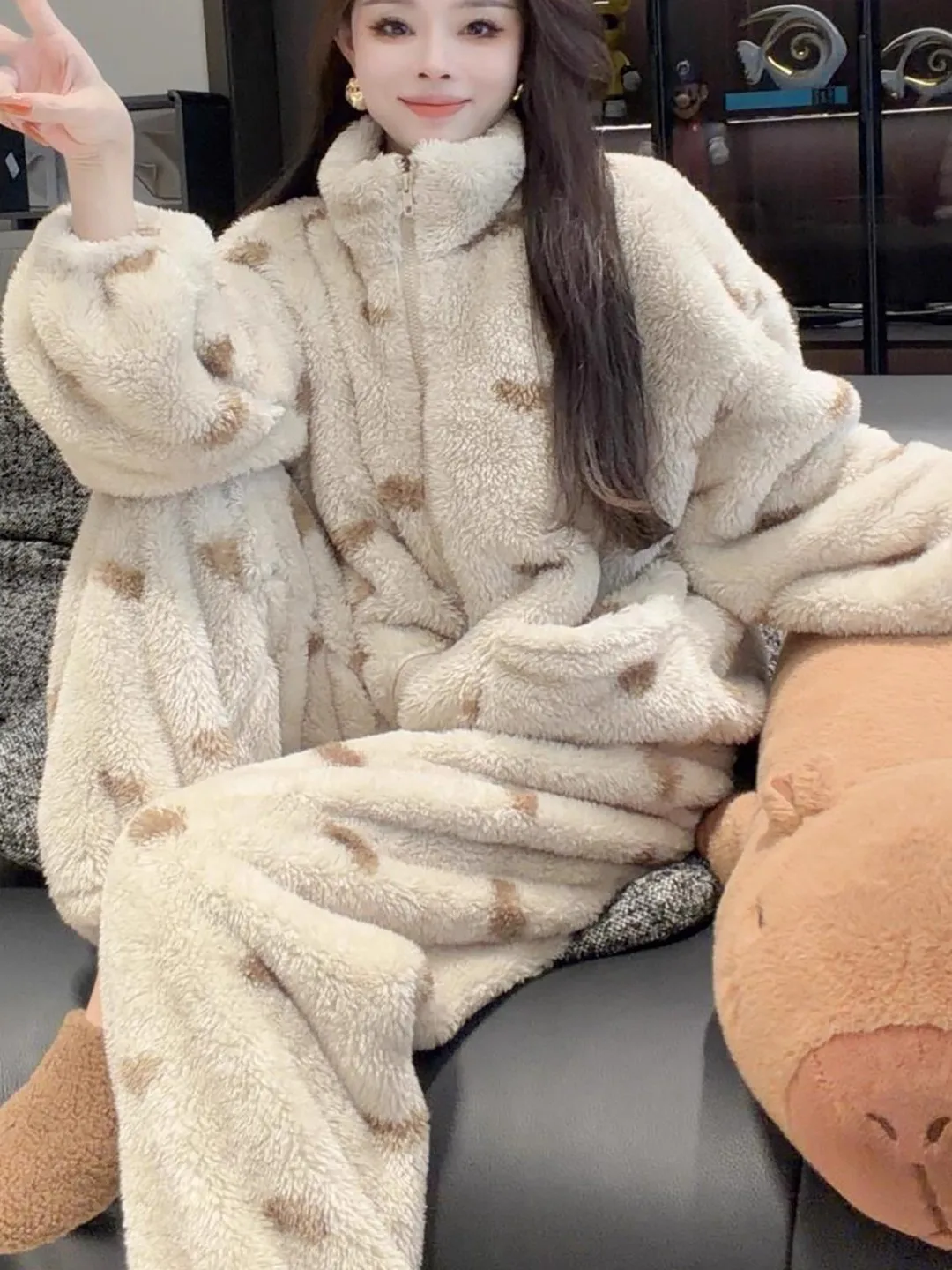 

Повседневный утепленный комплект из двух предметов с капюшоном для женщин: осенне-зимняя домашняя одежда, теплый уютный комплект с клетчатым принтом, свободный крой, длинные рукава, брюки