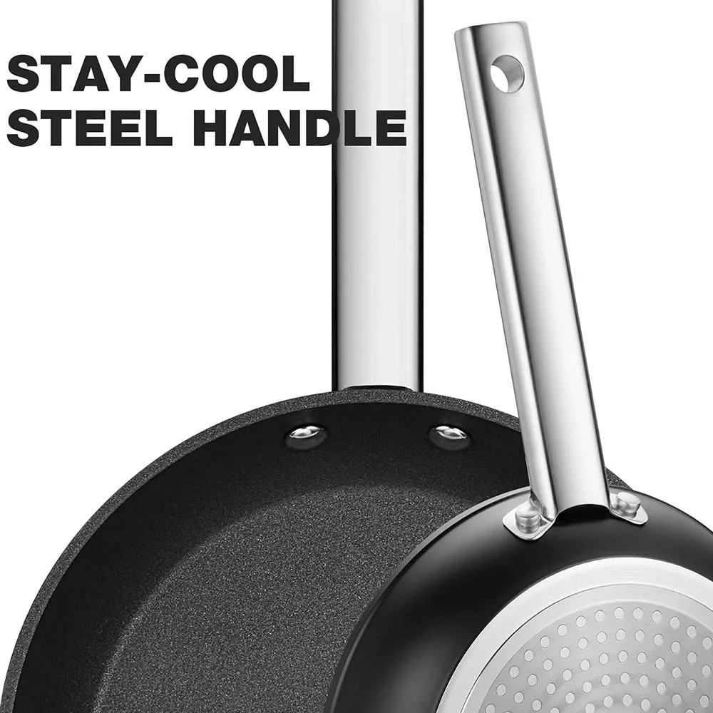 8/9.5 Inch Non Stick Frying Pans - Black Plasma Ultra Hard Coated Skillet with Stainless Steel Handle, Oven Safe to 420°F