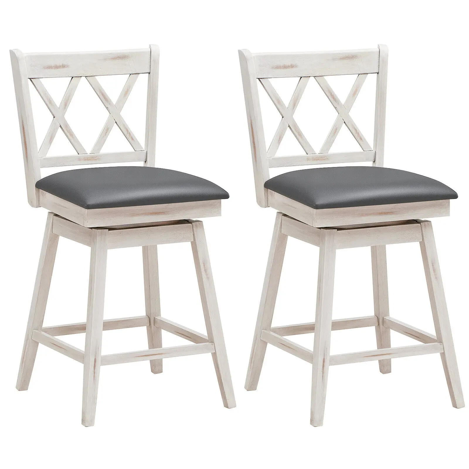 Set of 2 Barstools Swivel Counter Height Chairs w/Rubber Wood Legs White/Black HW67487WH-24