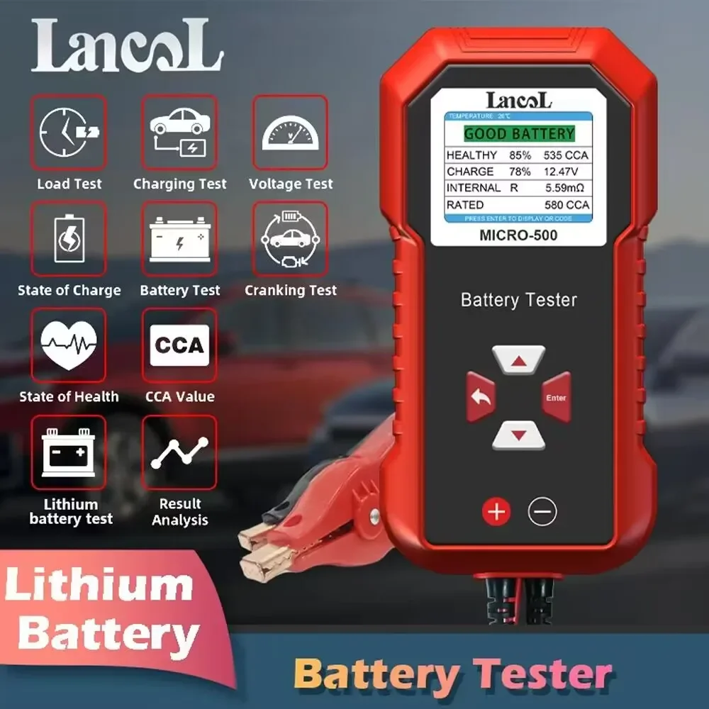 Lancol Micro 500 12V Tester akumulatora samochodowego 40-3000 CCA Test akumulatora litowego Analizator akumulatora kwasowo-ołowiowego Wyświetlacz LED z kodem QR