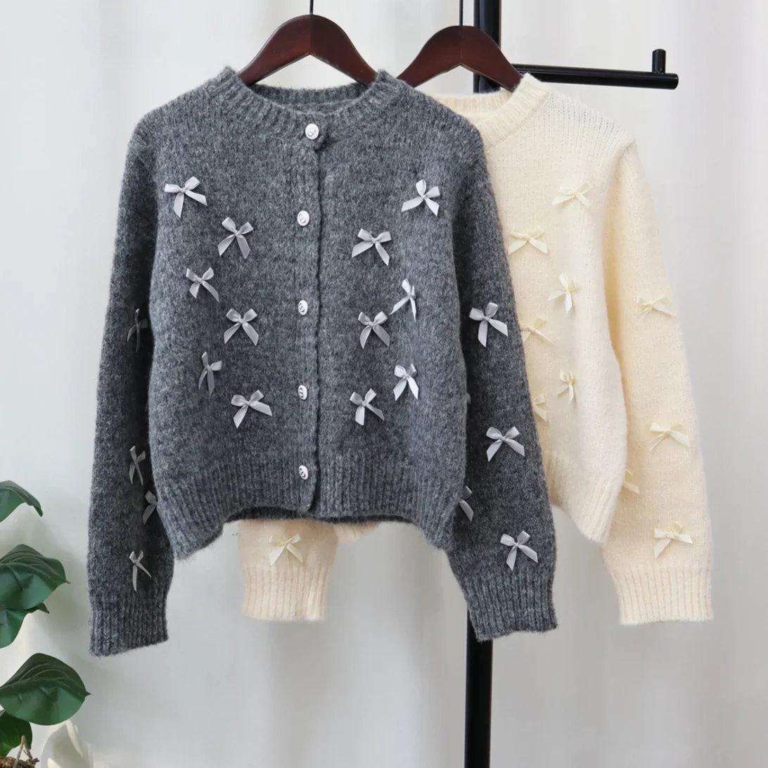 Knitted Sweater Women Cardigan Thick 2024 Bow Pullovers Spring Warm Autumn Winter Jacquard Jumpers Y2k E-girl Jumper Work