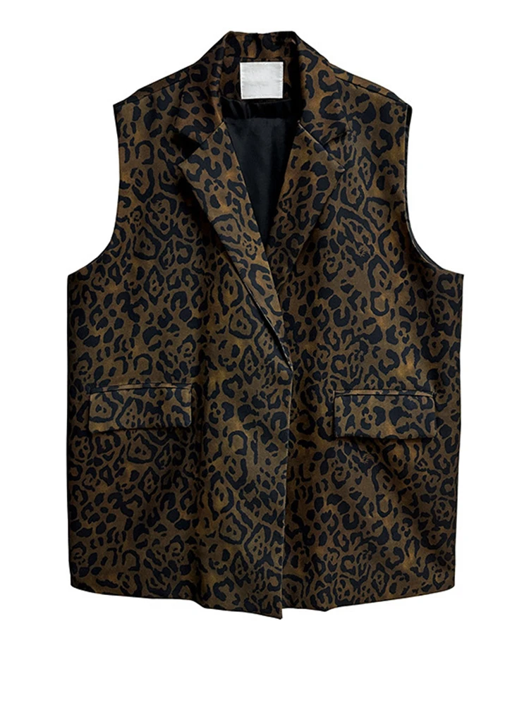 [EAM] Women Leopard Printed Vintage Big Size Long Casual Vest New Lapel Sleeveless Fashion Tide Spring Autumn 2024 1DH6283