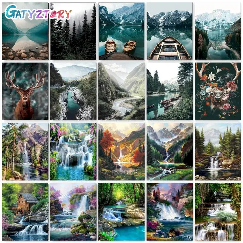 

GATYZTORY Frame DIY Painting By Numbers River Tree Landscape Canvas By Numbers Wall Art Picture Acrylic Paint Crafts Kit 60x75cm