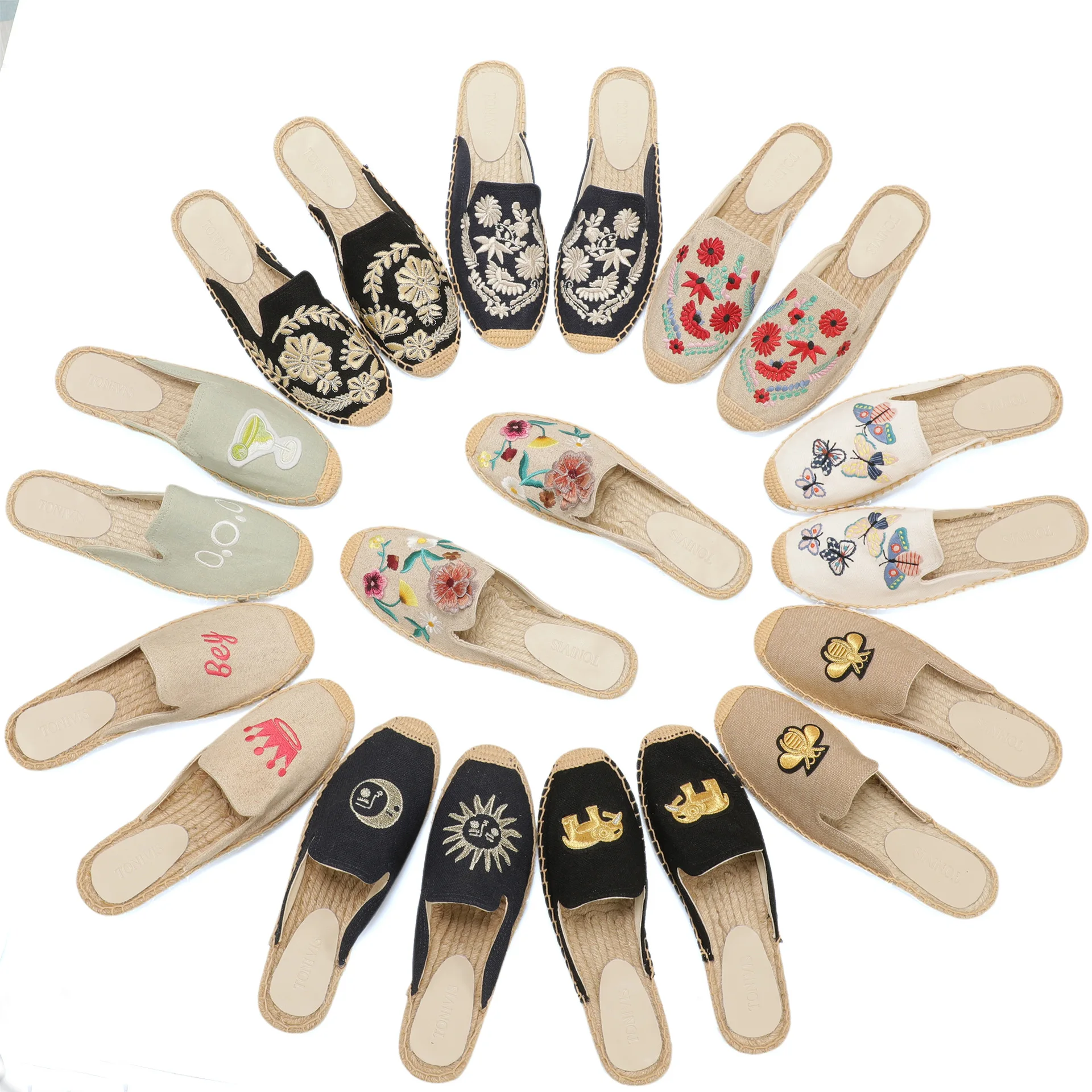 Women Floral Embroidered Espadrilles Slippers Linen Slide Shoes Summer Casual Flats Breathable Comfortable Shoes