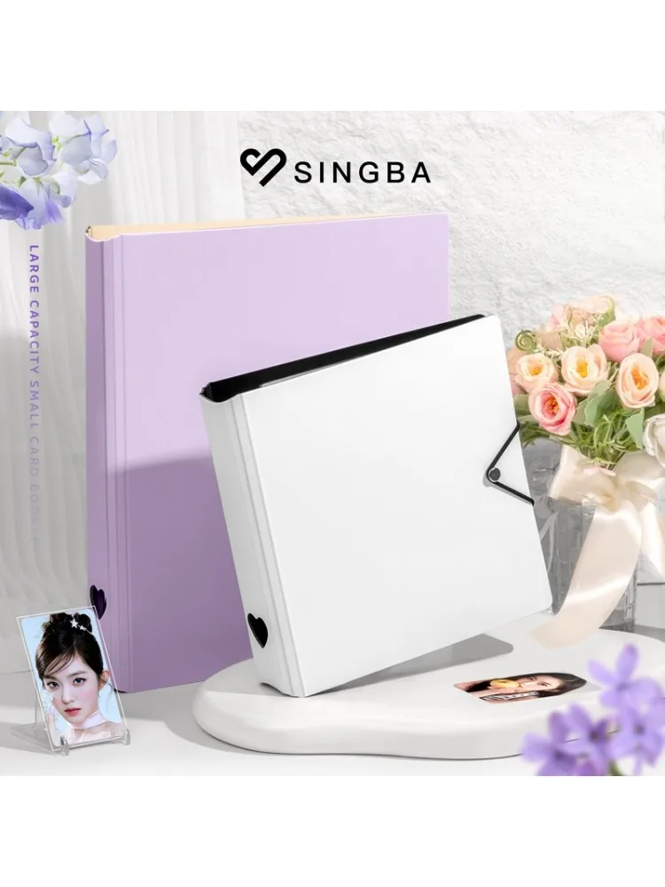 SINGBA Wytrzymały segregator na karty A5 / A4 z dużymi D-ringami 45 mm, album na zdjęcia i karty z serduszkami po bokach i gumką do kolekcjonowania K-pop. — 2