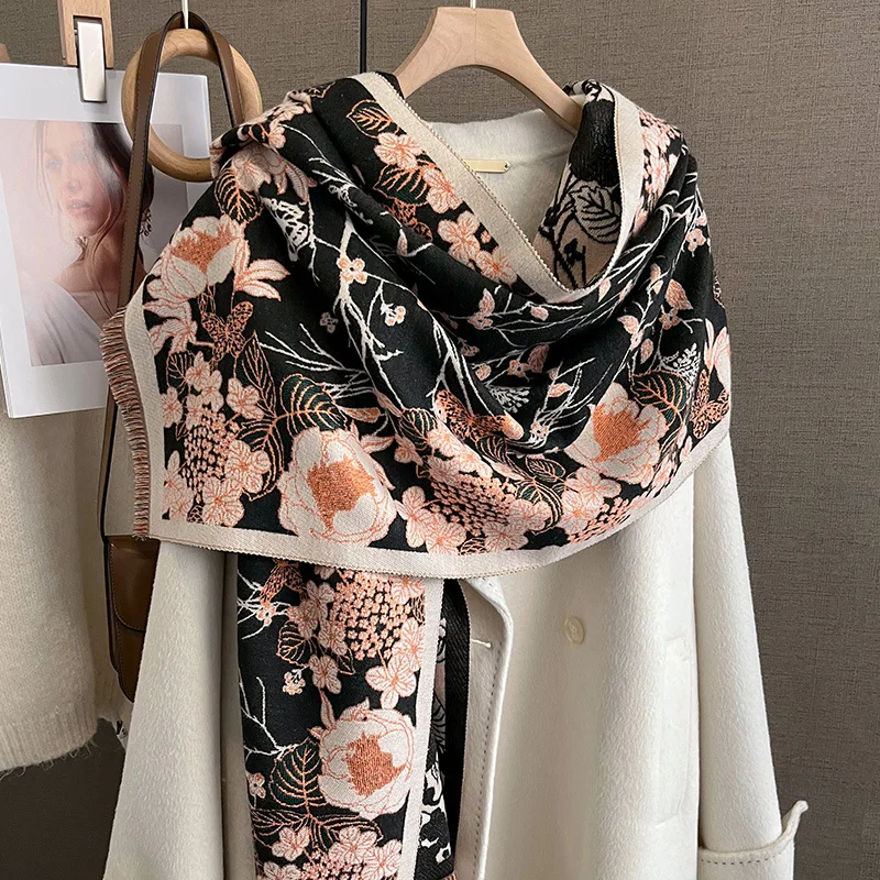 

Осенне-зимний шарф, женские шали из пашмины, кашемировое одеяло, теплое толстое массивное палантиновое женское элегантное пончо с цветочным принтом, уличное Bufanda