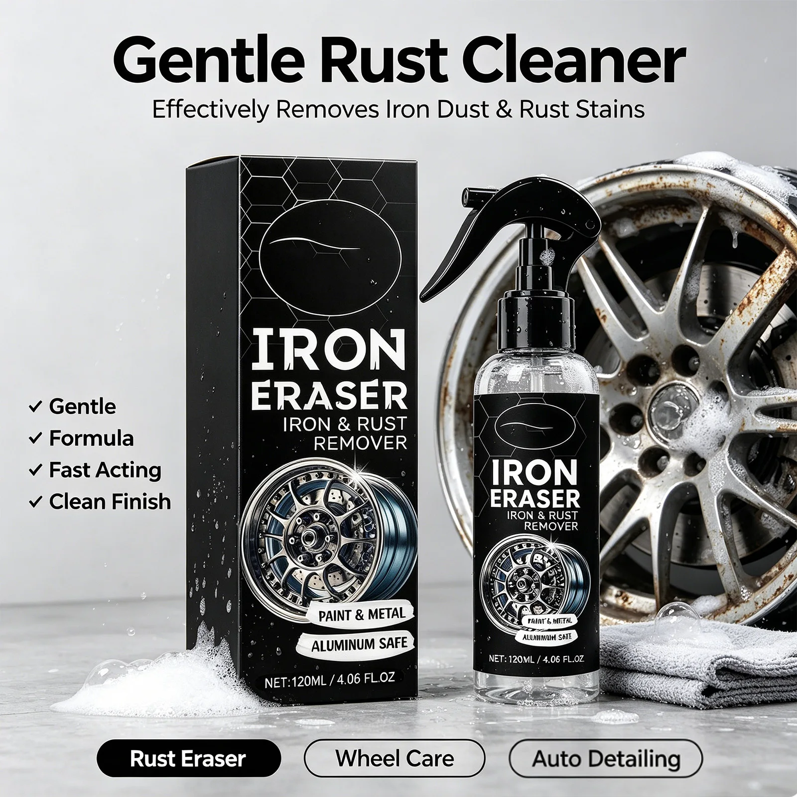 Removedor de Ferrugem Automotivo Iron Eraser Spray Limpa Manchas de Ferrugem Seguro para Pintura e Metal Previne a Recorrência para Rodas de Carro 120ml