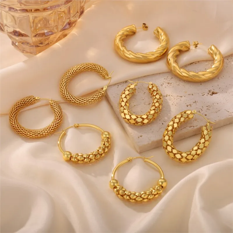 Stainless Steel Hoop Earrings for Women New Hollow Twisted Luxury Gold-Plated Earrings Anti-Allergic Jewelry Wholesale