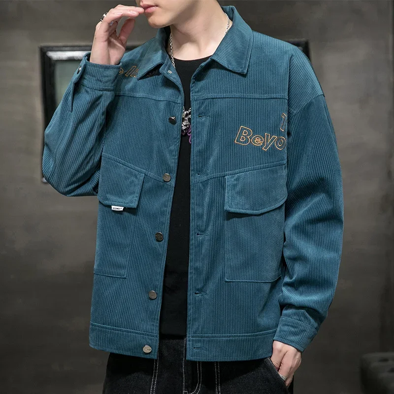 

New Mens Casual Pocket Corduroy Jackets Men Black Autumn Spring Embroidery Ventage Turn Down Collar Outwear Coats