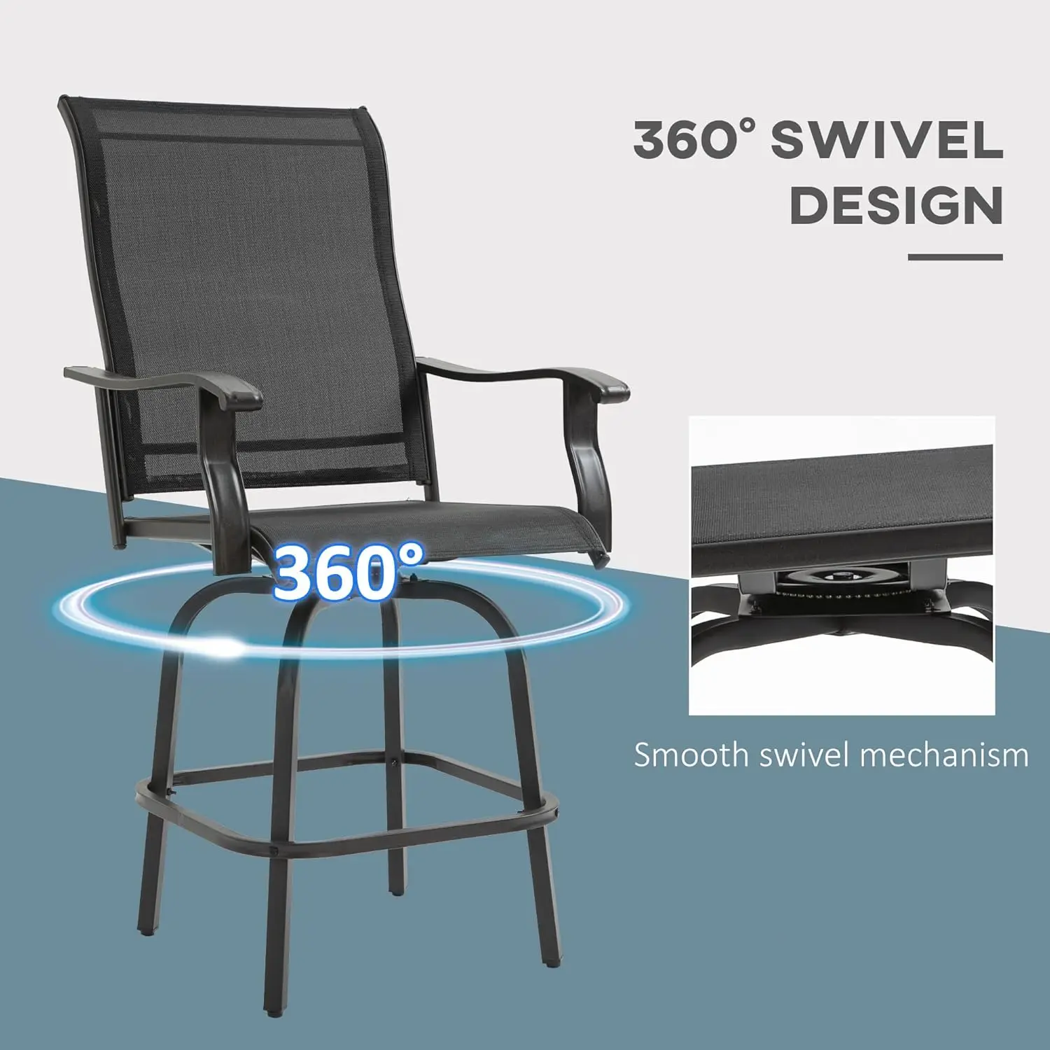 Set of 2 Outdoor Swivel Bar Stools with Armrests, Bar Height Patio Chairs with Steel Frame for Balcony, Poolside, Backyard