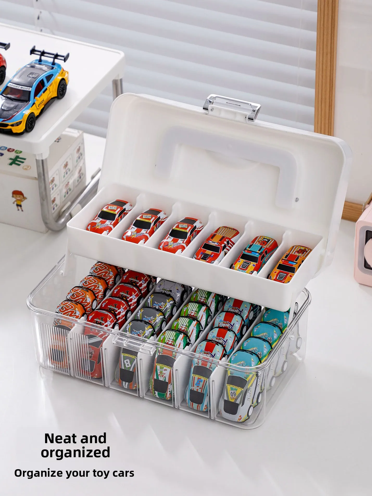 

Коробка для хранения игрушечных машинок и коллекционных моделей, настольный органайзер с пылезащитными перегородками и слотами от Yageliya