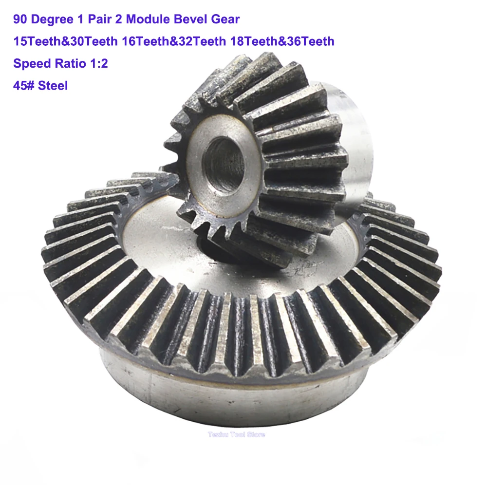 

1 Set 2pcs 2 Module 90 Degree Bevel Gear 45# Steel 1 Pair 15 Teeth - 36 Teeth Meshing Angle Gear Process Bore Speed Ratio 1:2