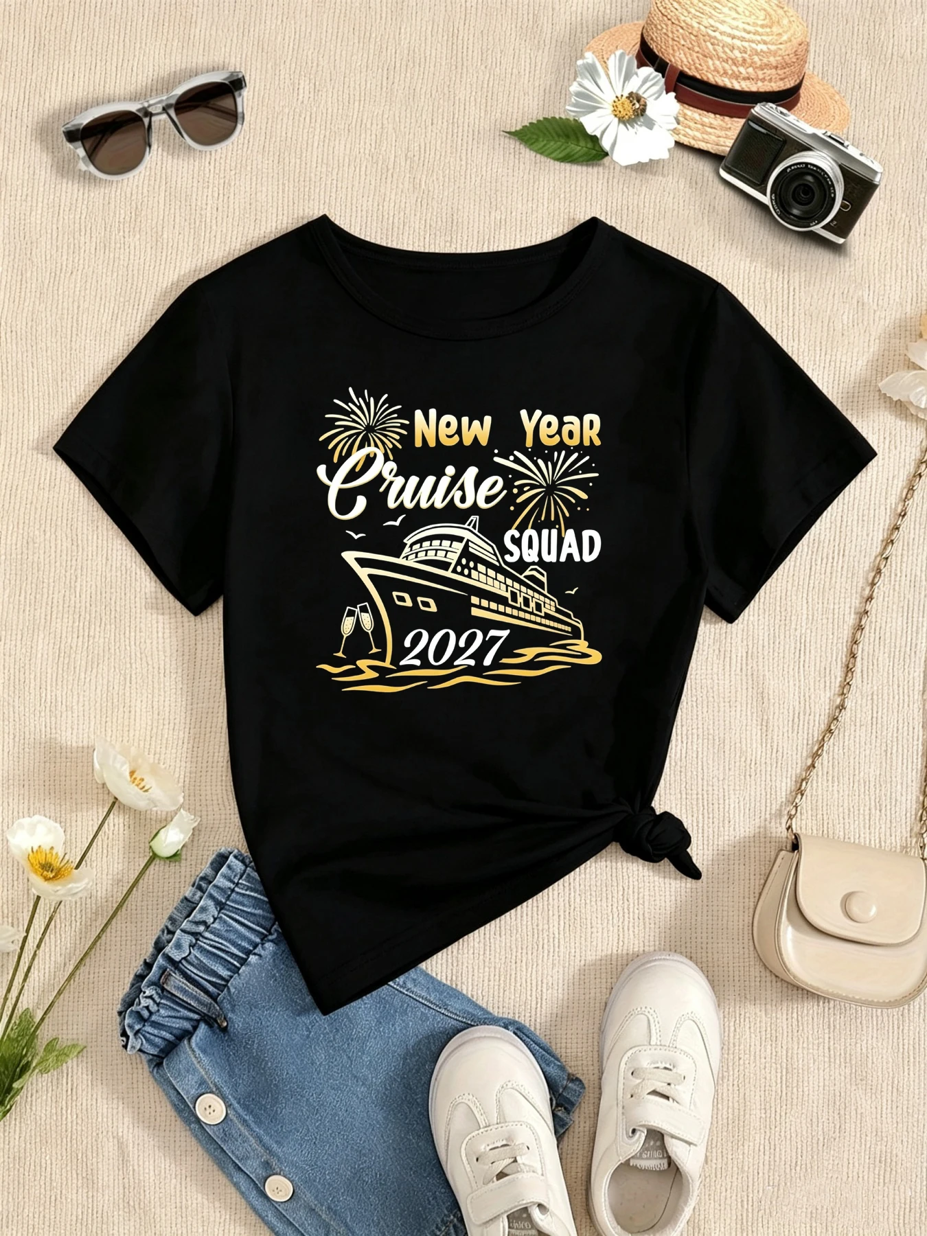 New Year Cruise Squad 2027 Graphic Printed T Shirt Girls/Boys New Year'S Gift T-Shirt Funny Kids Clothes Blue/Purple T-Shirt