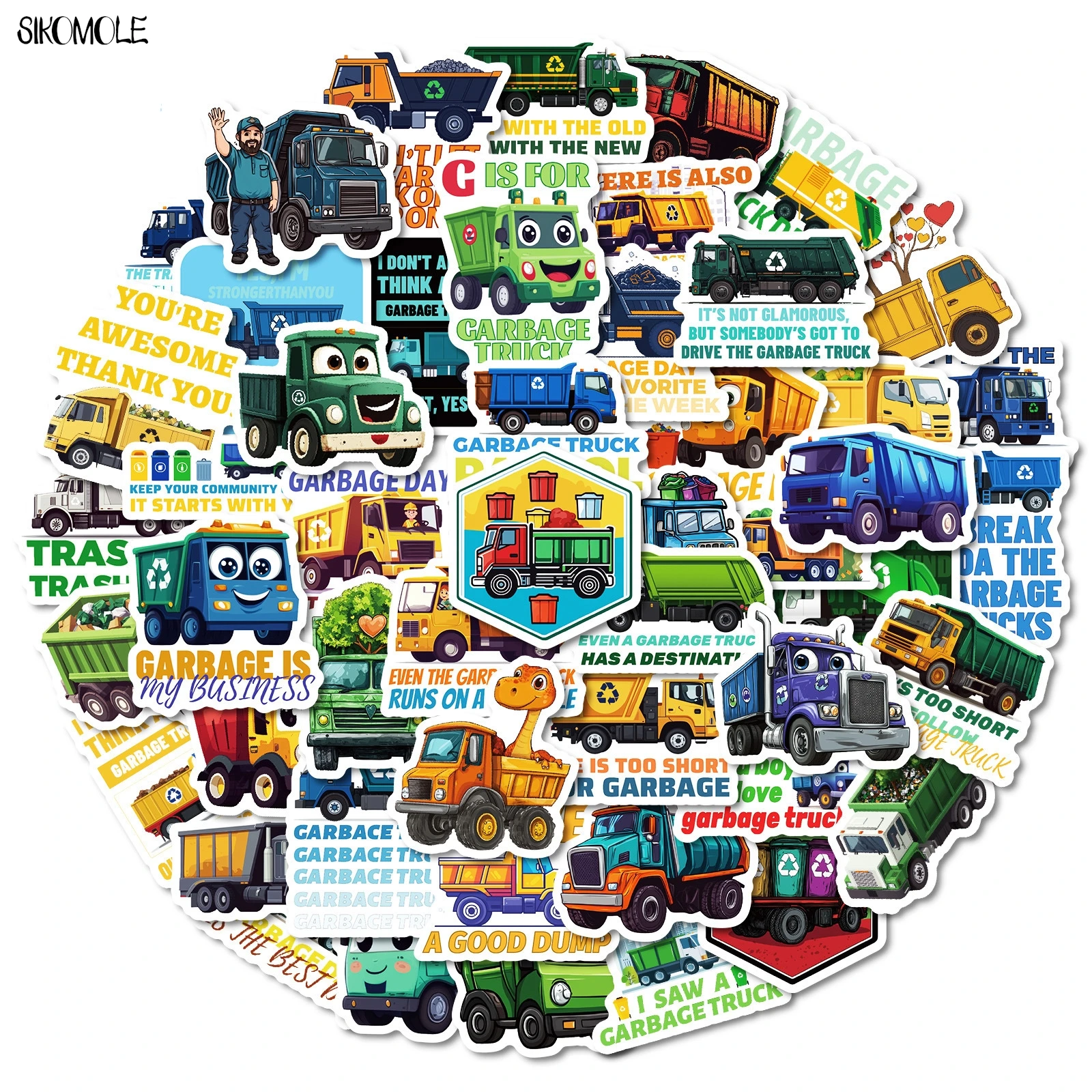 10/30/50PCS Cartoon Hand Drawn Garbage Truck Stickers Book DIY Skateboard Guitar Luggage Suitcase Decoration Graffiti Sticker