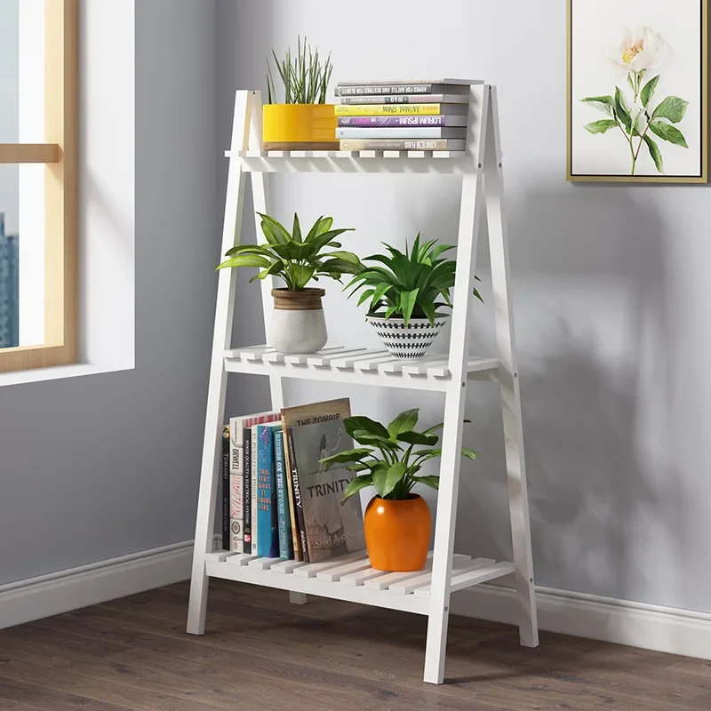 Garden solid wood white flower shelf three-layer folding multi-layer storage shelf living room shoe rack