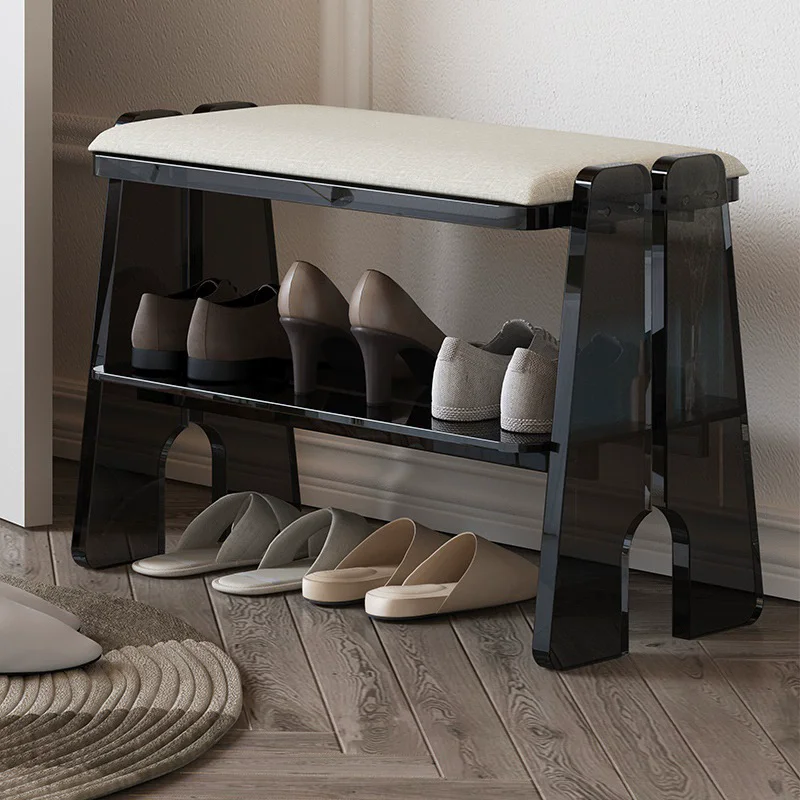

Acrylic Storage Bench Shoe Bench Modern Entryway Bench With Cotton Linen Cushion, 2-Tier Storage Shelf for Entryway Hallway