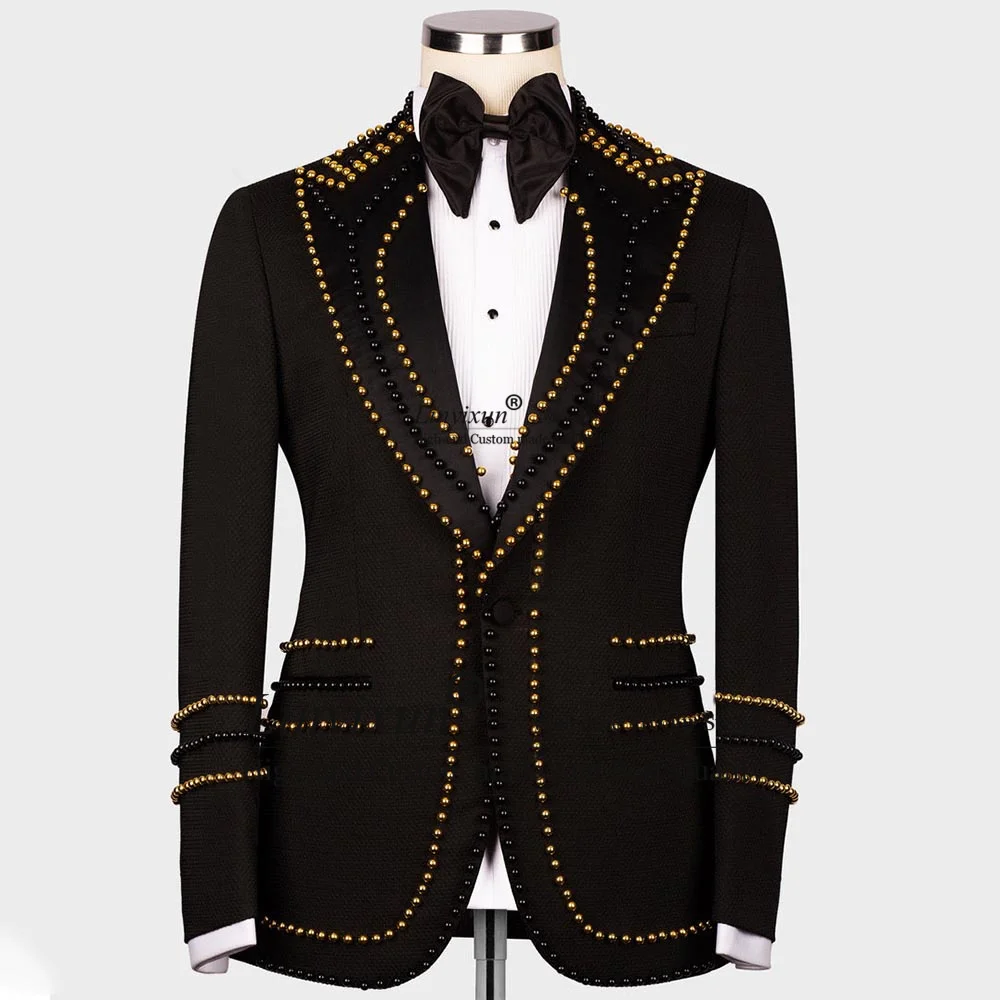 

Luxury Beaded Pearls Men Suits For Prom Groom Tuxedos 2 Pieces Bridegroom Blazers Slim Fit Male Costume Homme NO CAPE