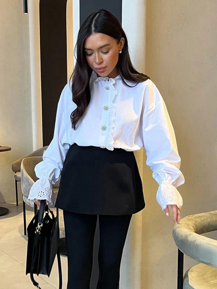 

TARUXY Retro Diamond Ruffled Shirt For Women Stand Color White Top Casual Fashion Flare Long Sleeve Single Breasted Lady Blouses