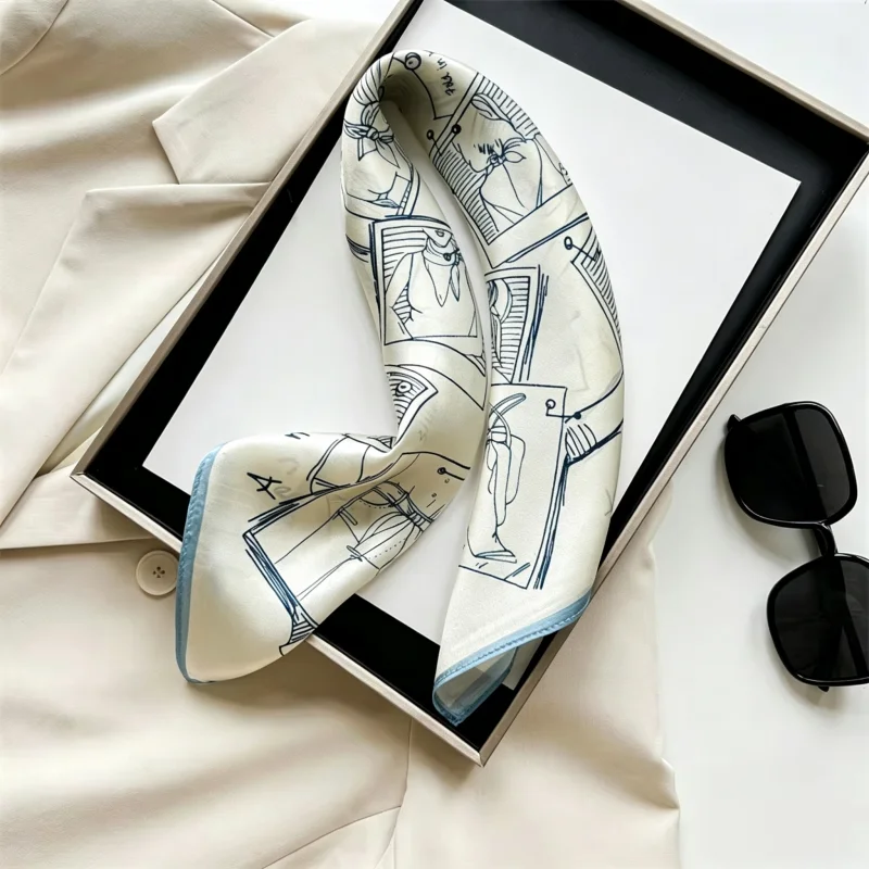 Vintage Sketch Print Satin Small Square 100% Scarf Women Blue White Art Letter Neck Scarves For Bag Handle Hair Band Accessory view 4