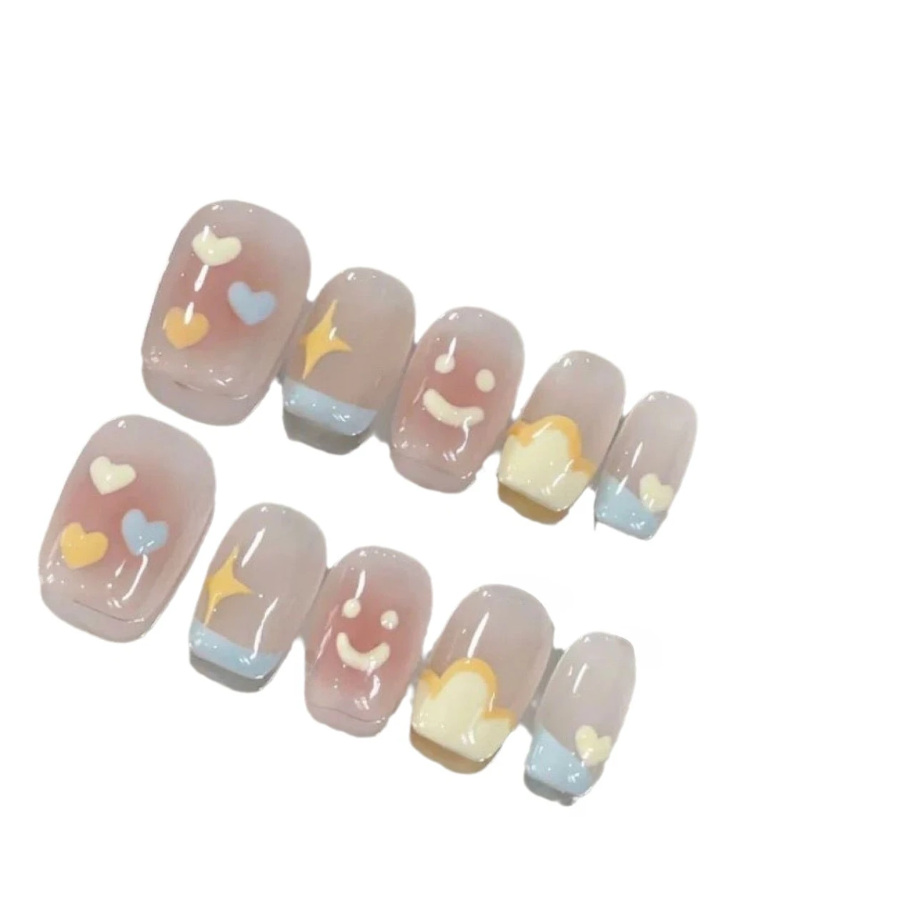 10 Pieces Macaron Childlike Press On Nails Handmade Milk Yellow Round Smiley Face Short Fake Nail Patches Removable