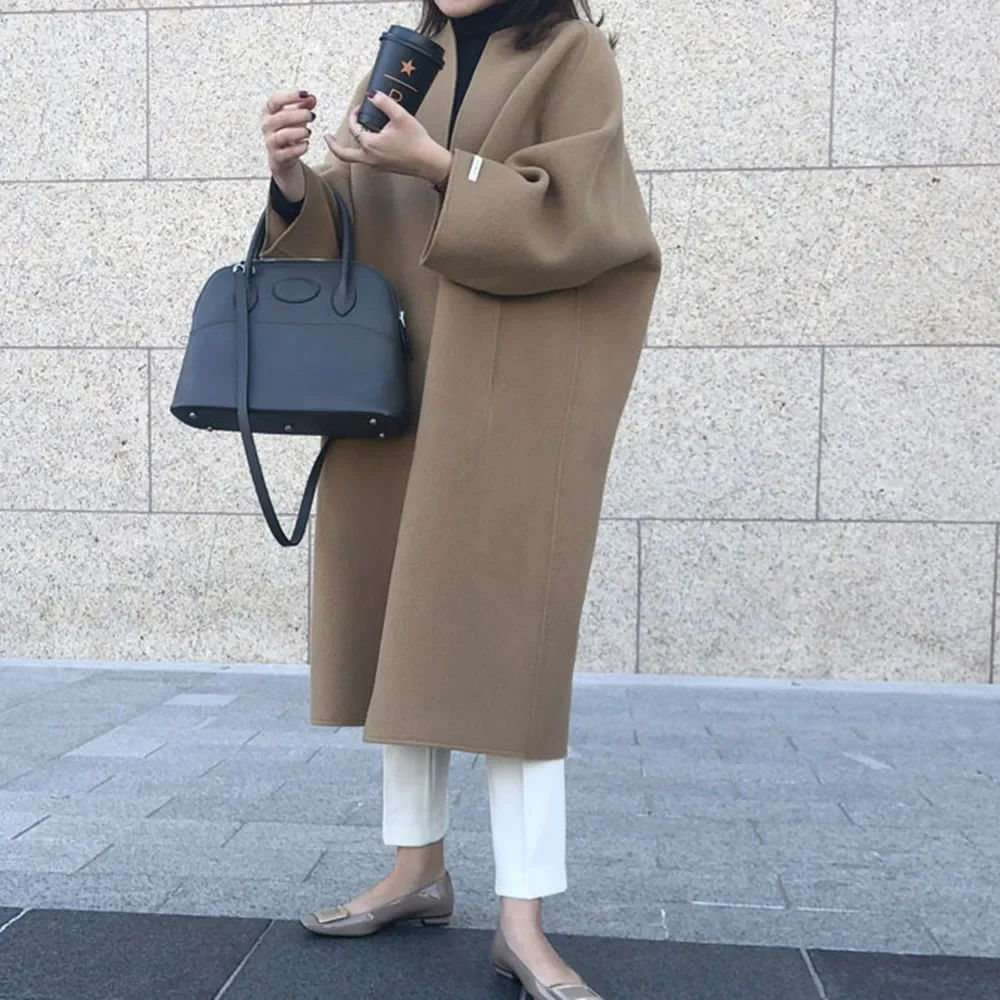 Damen-Cardigan aus Mischgewebe, Rundhals, Langer Mantel, Lässiger Gerader Wollmantel, Locker Geschnitten, Volle Ärmel, Einfarbig, Spleiß-Design, Oberbekleidung, Regular 2025 – Detail 7