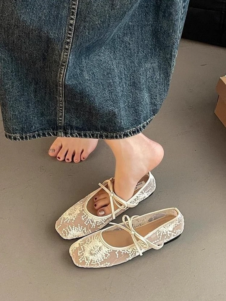 

New Spring Summer Women Plus Size Flat Mary Jane Shoes with Bow Fairy Design Mesh Sequin Lace Breathable Comfortable Fashion