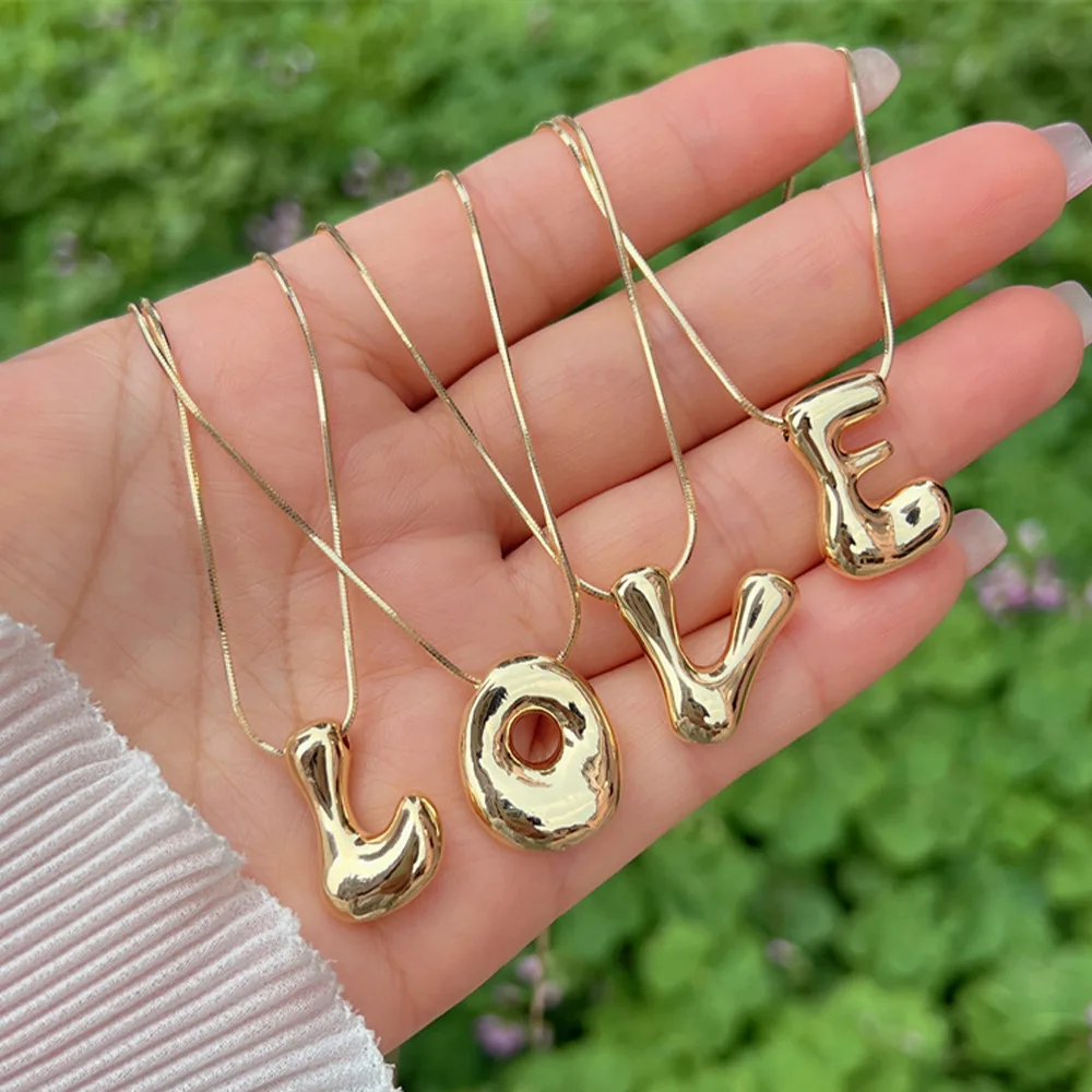 Trendy Gold Plated 18K Chunky Balloon Bubble Initial Letters Pendant Stainless Steel Choker Necklaces for Women Customized Chain