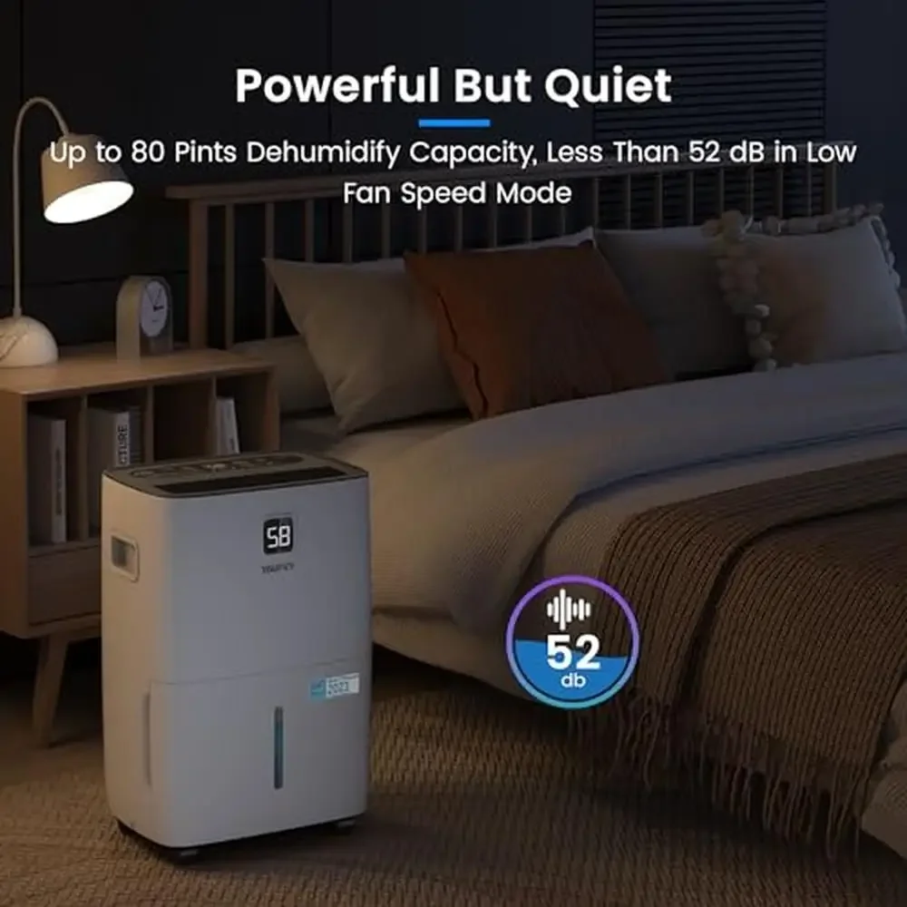 Energy Star 80 Pints مزيل الرطوبة الذكي للطابق السفلي المنزلي 5000 مربع. تتضمن خرطوم تصريف تغطية قدم 3 إعدادات لسرعة الرياح الذكية