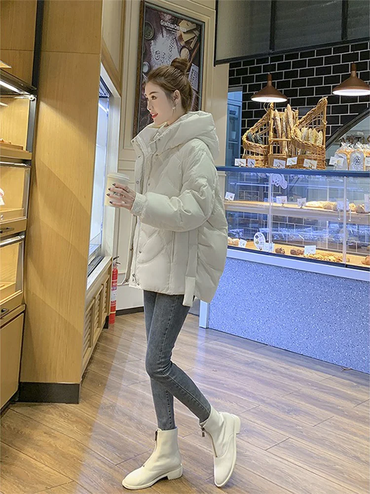 

Women's Cotton Jaet Winter Thiened Hooded Casual Sle White Loose Fit ort Coat Zipper Closure Long Sve Regular Length