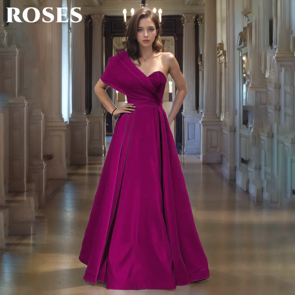 Rosas fucsia elegante vestido de graduación de un hombro, vestido de fiesta de satén con escote corazón sin espalda, Vestidos de Noche de línea a con plisado personalizado