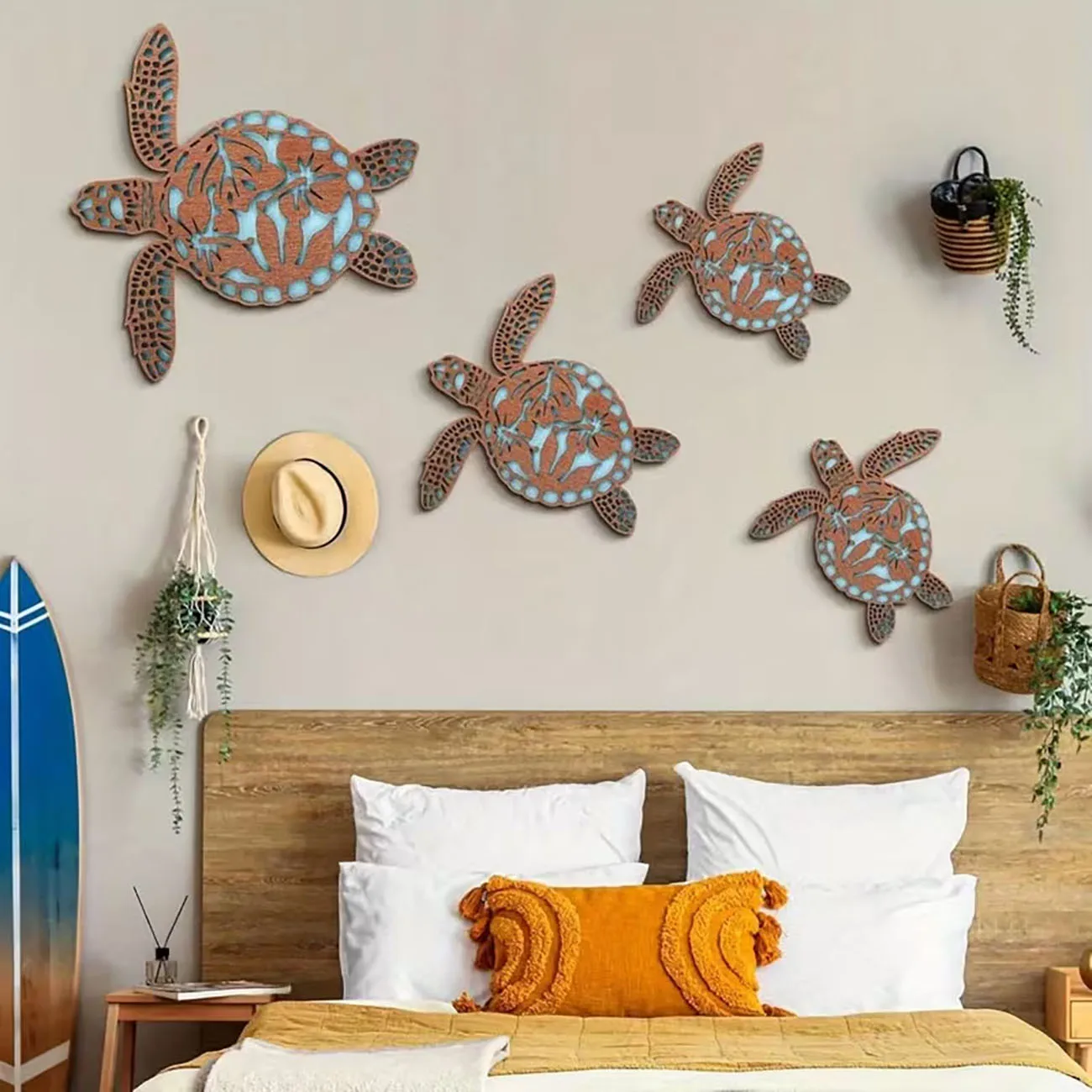 4PCS Wooden Sea Turtle Wall Decor, Floral Carved Turtle Art with Double-Sided Nano Tape