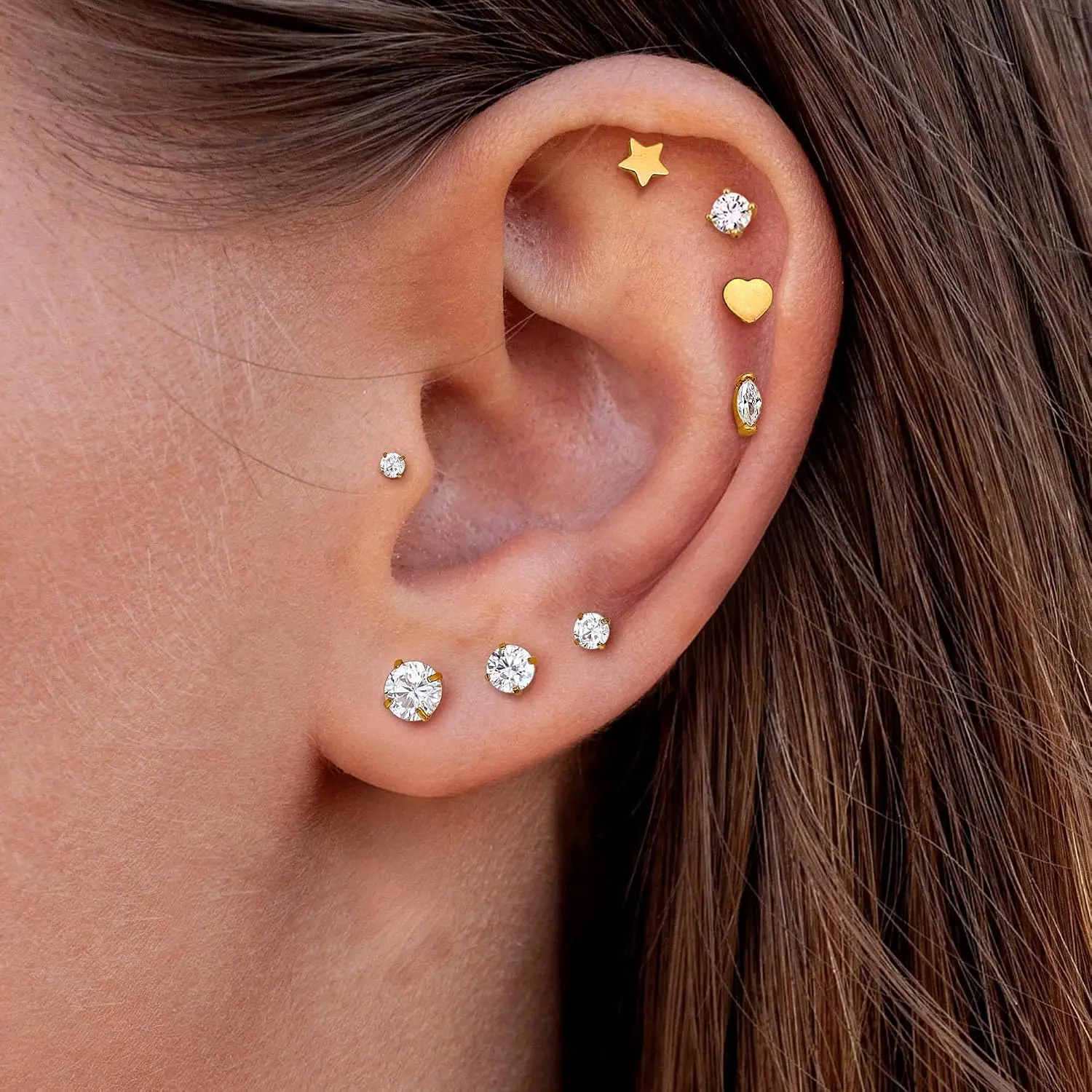 Florideco Reversible Flatback Earrings Studs for Women Men 14K Gold Plated Surgical Steel Earring Cartilage Helix Piercing Jewel