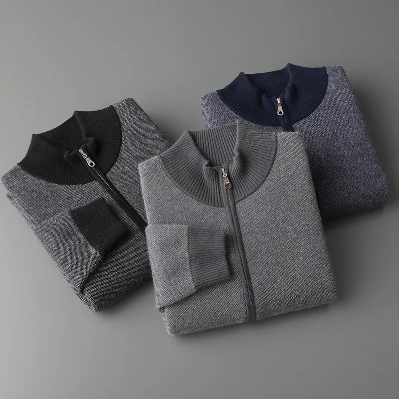 Cardigan con cerniera spessa di nuovo stile da uomo 100% cashmere color block maglione casual moda autunno inverno comoda giacca da lavoro
