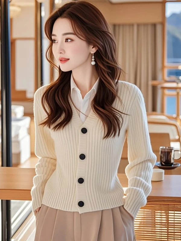 

French Sle Knitted Sweater Top Women's irt Collar Fake Two-Piece Inner Wear Outerwear Autumn Winter Faion Sensation