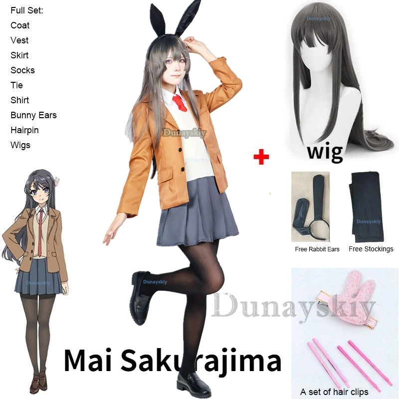 Anime Sakurajima Mai Cosplay Costume, Rascal Does Not Repliof Bunny Girl, Senpai Mai, Perruque Cosplay, Oreilles de lapin, Vêtements de sauna