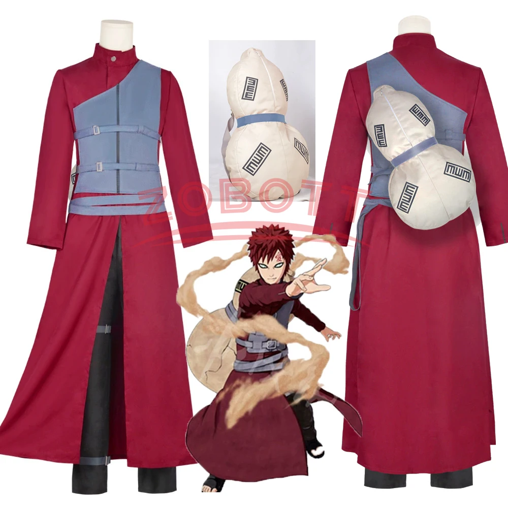 6-teiliges Sandstorm Gaara Cosplay Kostüm-Set für Erwachsene Männer, Langer Mantel, Rosen-Uniform, Komplettes Zubehör-Set, Halloween-Party-Outfit