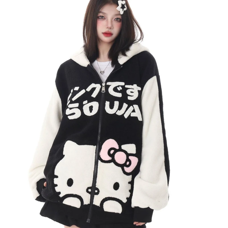 Sanrios Hello Kitty Autumn and Winter Trendy Brand Hooded Sweatshirt Cartoon Design Kawaii Girls Casual Cardigan Couple Jacket