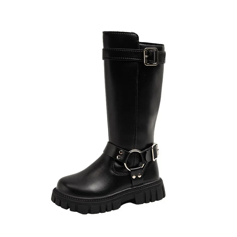 Winter Kids Fashion Boots Black School Girls Catwalk Boots Matte PU Non-slip Children Causal Cotton Boots Long High Versatile