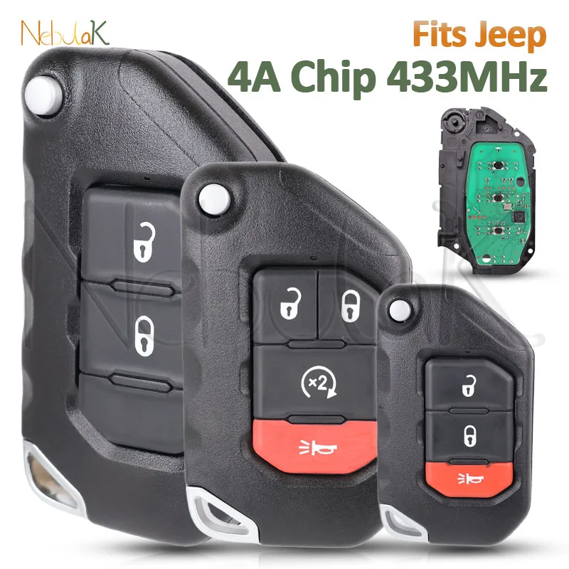 

Смарт-ключ-брелок Flip Key OHT1130261 433 МГц с чипом 4A для Jeep Wrangler Rubicon Sahara JK JL 2018+ с 2/3/4 кнопками, складной