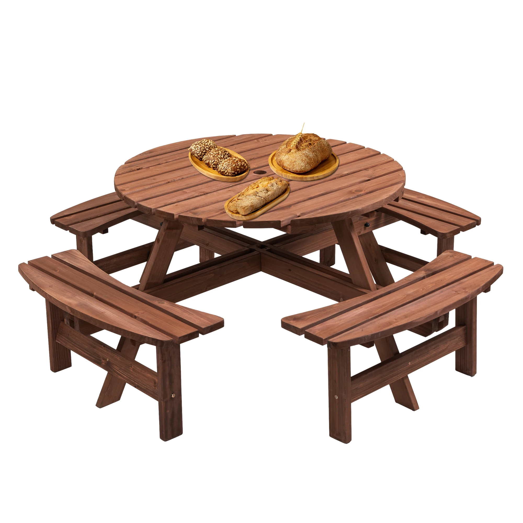 

Круглый деревянный стол для пикника на 8 человек для патио, двора, сада, с 4 встроенными скамейками и отверстием для зонта