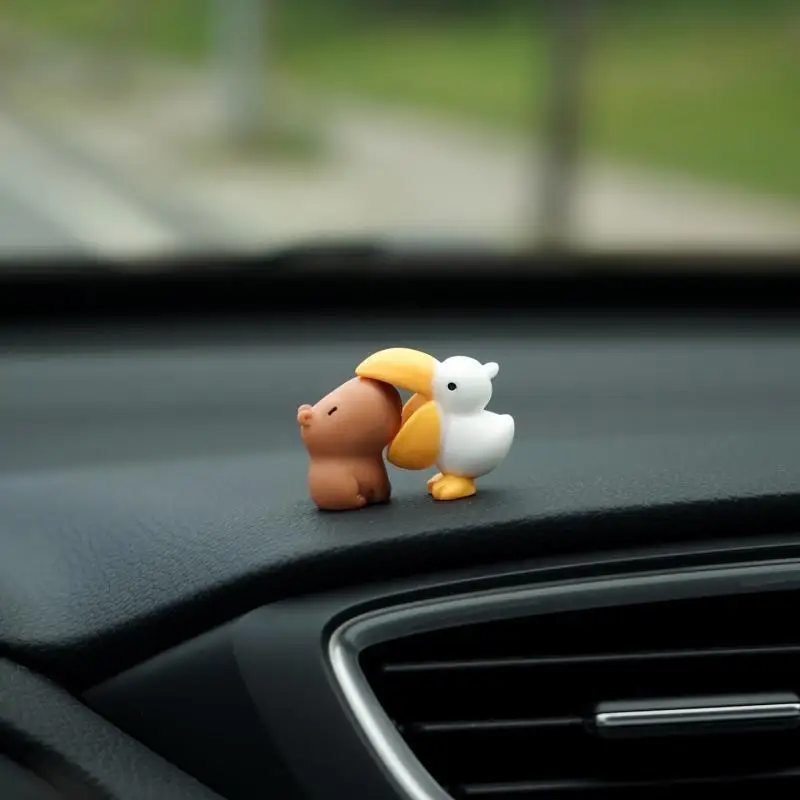 Cute Cartoon Capybara With Duck Mini Car Dashboard Ornament No Eating Colleagues At Work Themed Auto Interior Decor Figurine
