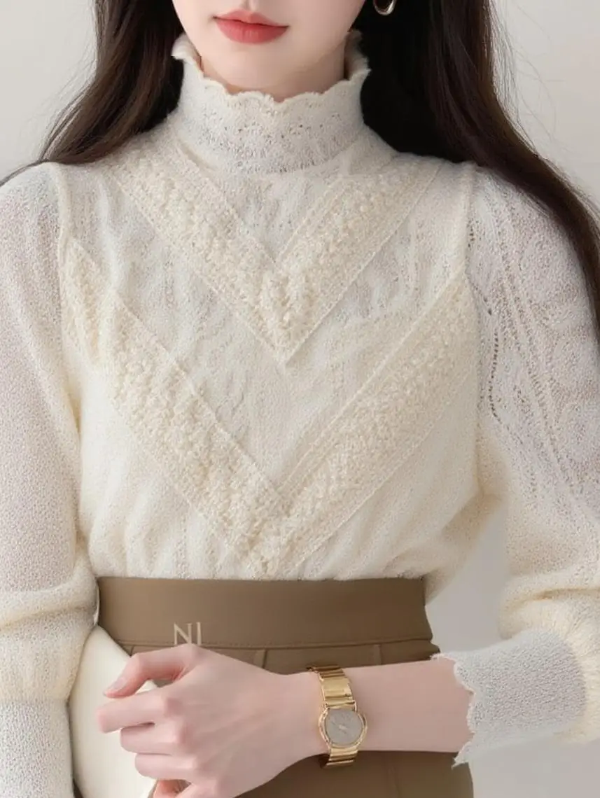 

Blouses Women Romantic Lace Half-high Collar Slim Tailored French Aesthetic Solid Spring Autumn Poised Chic All-match Wear