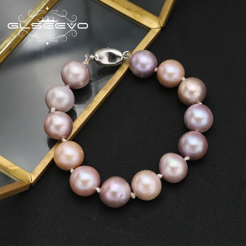 

GLSEEVO Natural Freshwater Pink Purple Round Pearls Women's Bracelets Elegant Luxury Art Wedding Jewelry Anniversary Gift