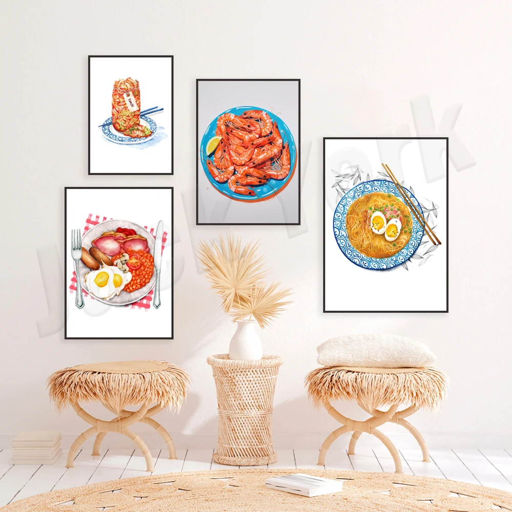 كيمتشي الحب بالألوان المائية الكورية، رامين ياباني، جمبري، فن الإفطار الإنجليزي المقلي، ملصق تزيين المطبخ التوضيحي للطعام #2