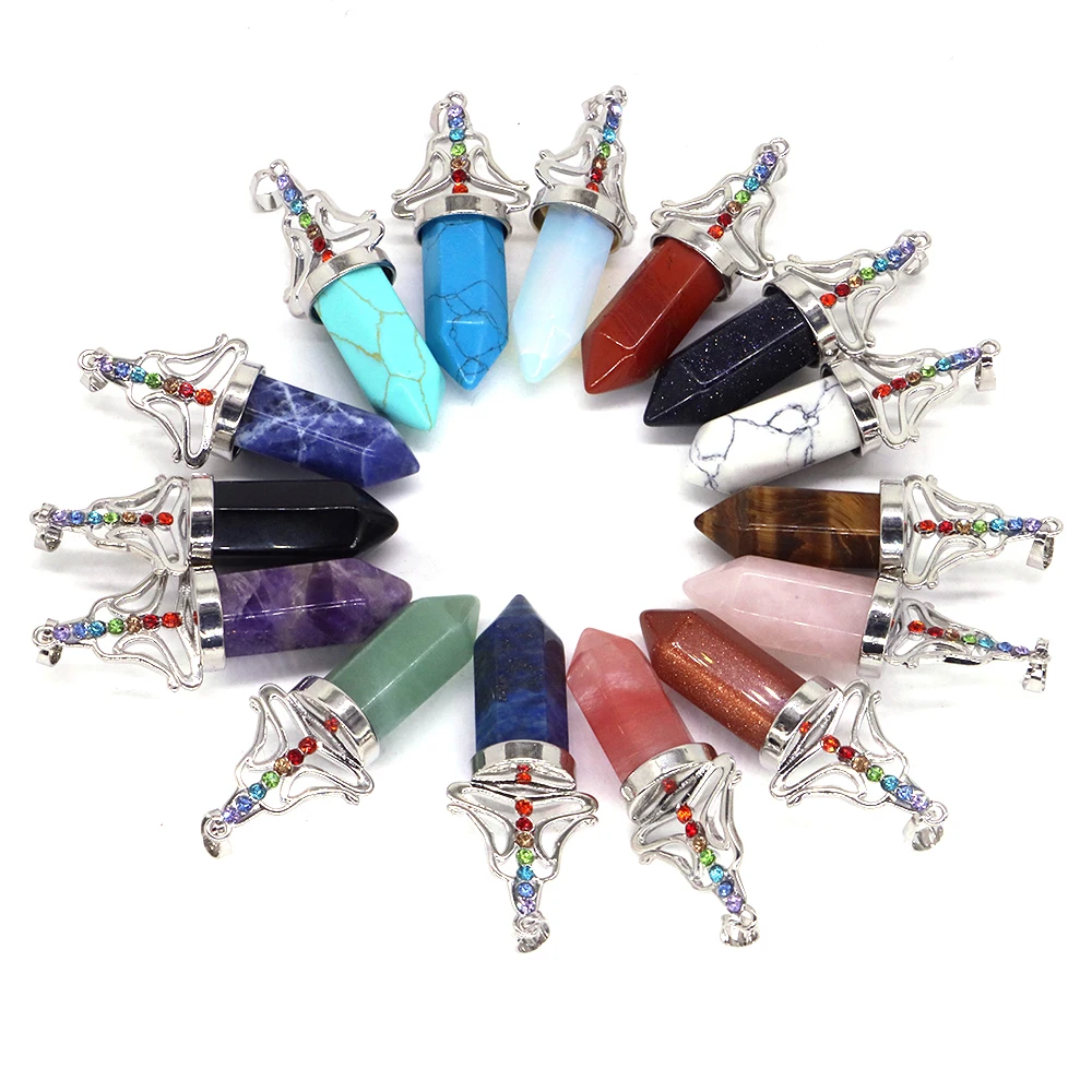 Bullet Head Shape Stone Pendants 7 Color Diamond Chakras Crystal Hexagonal Pendulum Charms for Jewelry Making Necklace Earrings