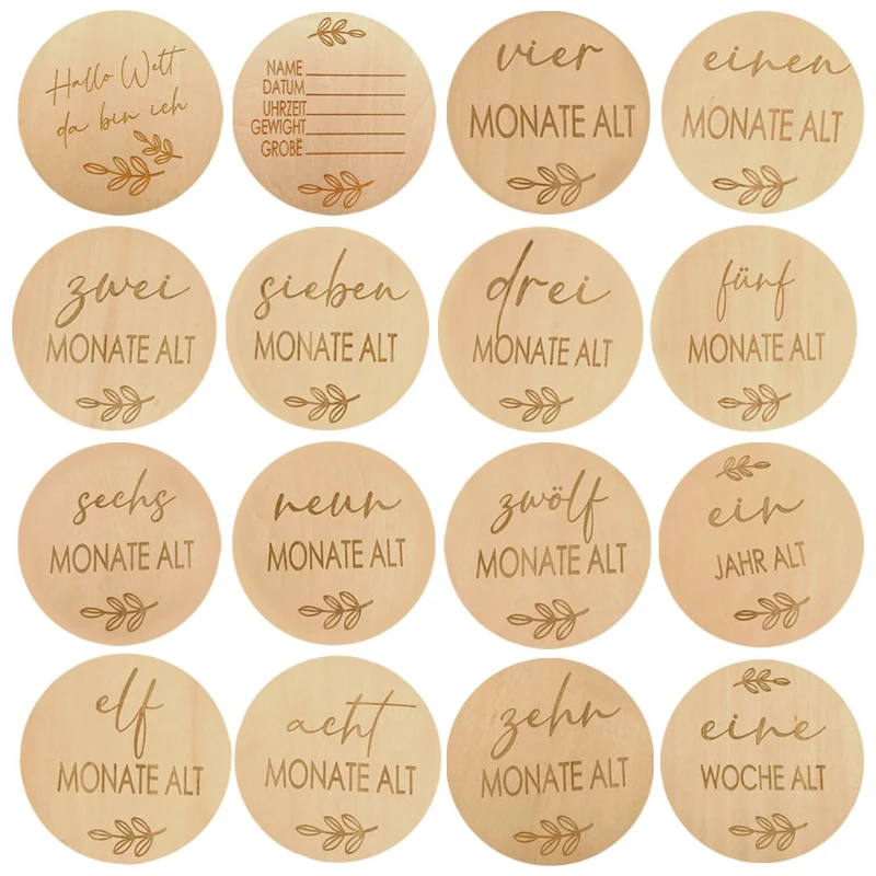 

Wooden Baby Monthly Milestone Cards Newborn and Pregnancy Announcement 16 Hand-Crafted Circles Dics Shower Gift