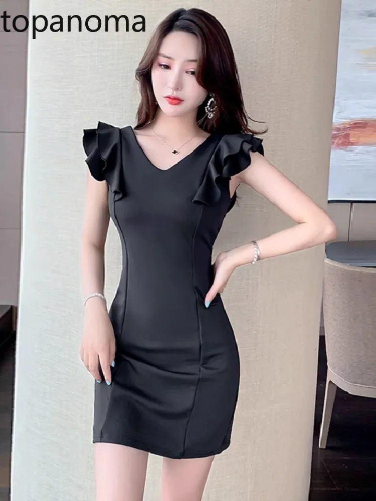 Topanoma Cocktail Dresses Women Sexy Sleeveless Ruffles V Neck Slim Birthday Party Evening Dress Backless Vintage Banquet Club