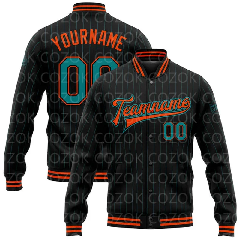 Custom Black Orange Green 3D Printed Baseball Button Jacket Bomber Full-Snap Varsity Letterman Jacket